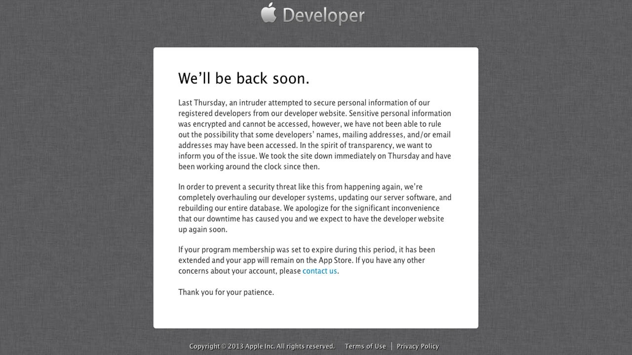 Apple Developer Site Taken Down After Hacking Threat