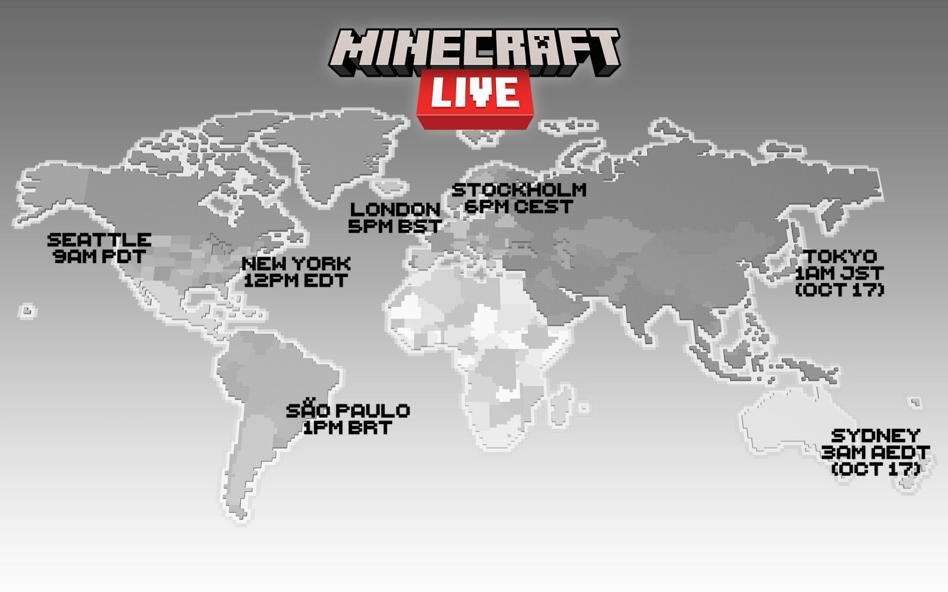 Map of the world showing Minecraft Live broadcast times for major cities