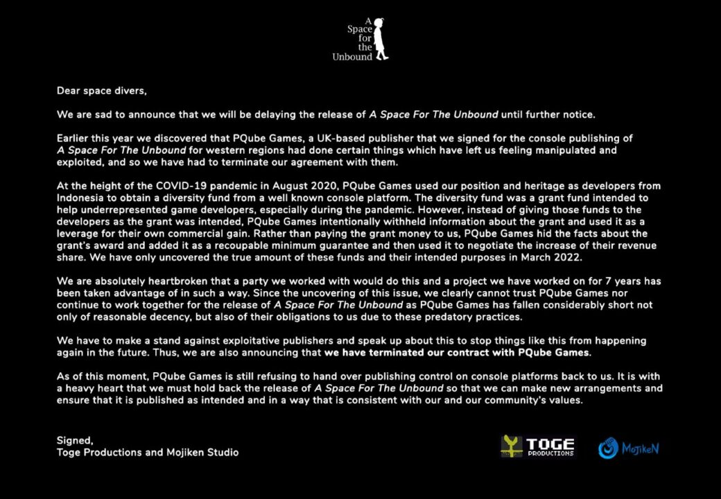 Big PQube Games' Alleged Exploitation Indefinitely Delays A Space For The Unbound