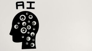 Illustration of a head with communication bubbles, symbolizing AI
